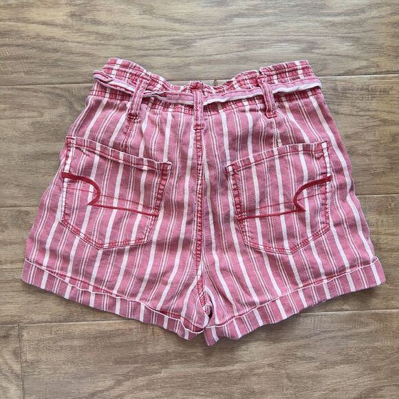 American Eagle Shorts Size 0 Hi-Rise Linen Paperbag Red White Striped Belted - Picture 2 of 9